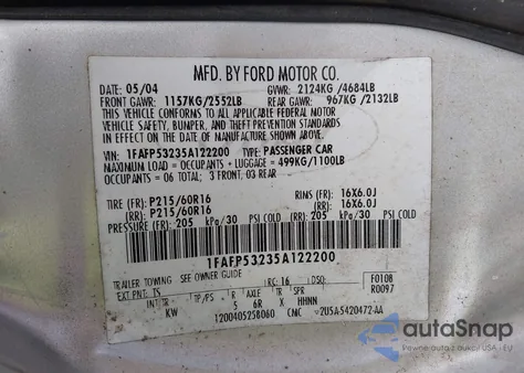 2005 Ford Taurus Se из США, поврежденный, VIN 1FAFP53235A122200